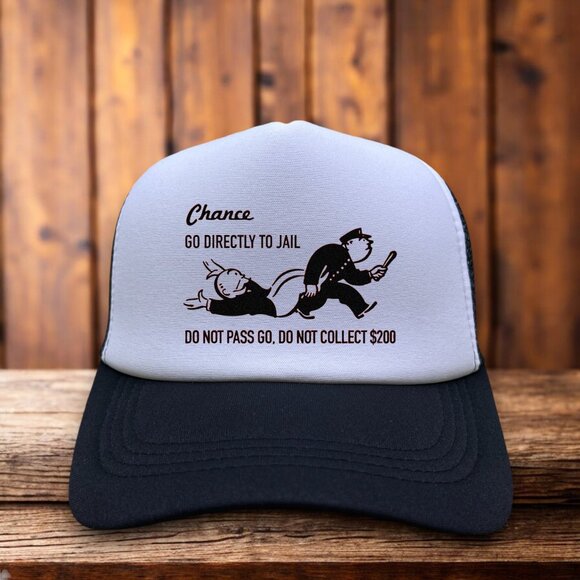 Monopoly Chance Unisex Trucker Hat Black Snapback Go To Jail Baseball Cap - Picture 1 of 4
